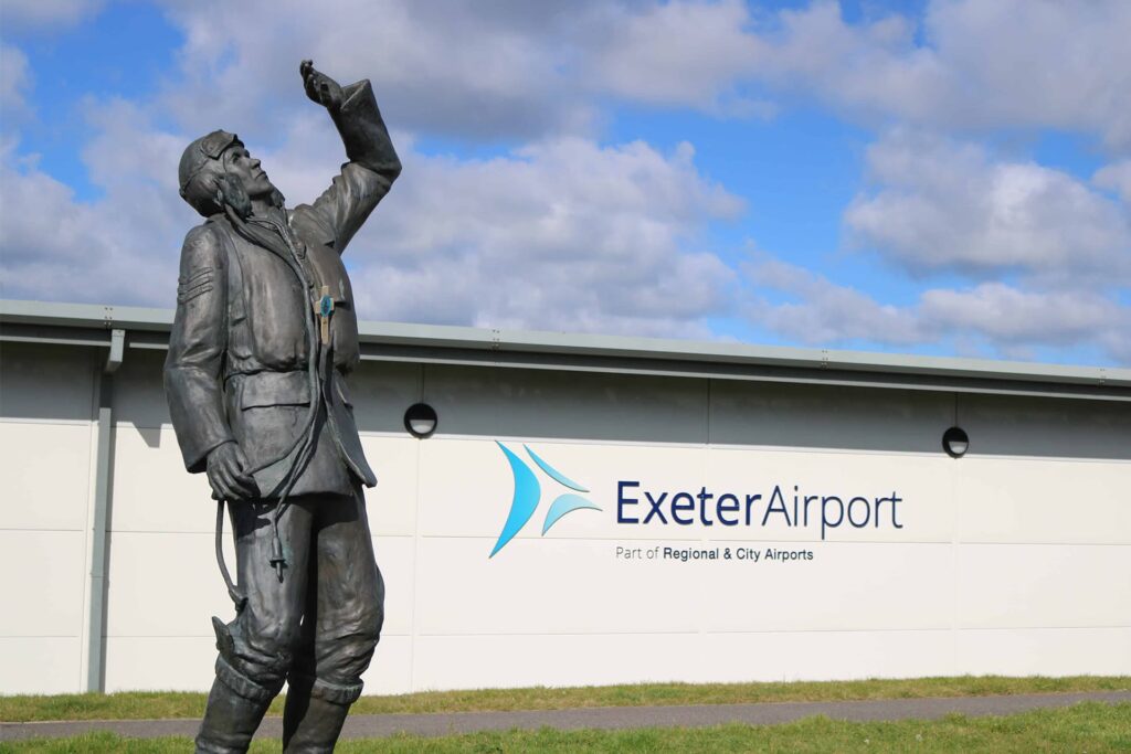 Bronze statue of RAF WW2 pilot outside Exeter Airport