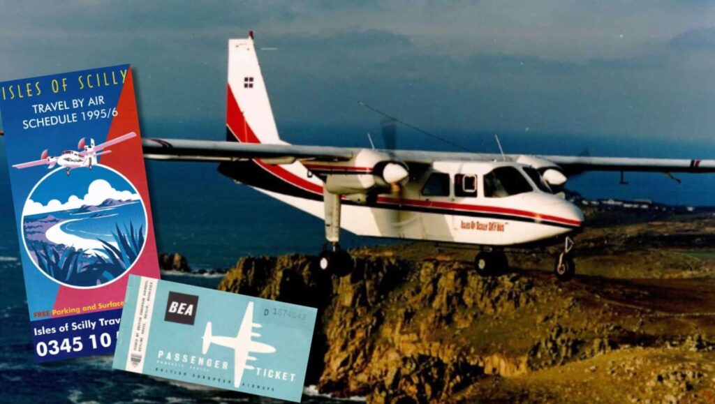 Islander aircraft in the old Skybus livery and old ticket and leaflet