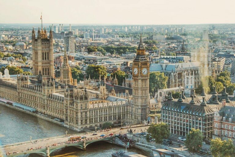 Bird’s-eye view of Big Ben and the adjoining Houses of Parliament with surrounding cityscape.