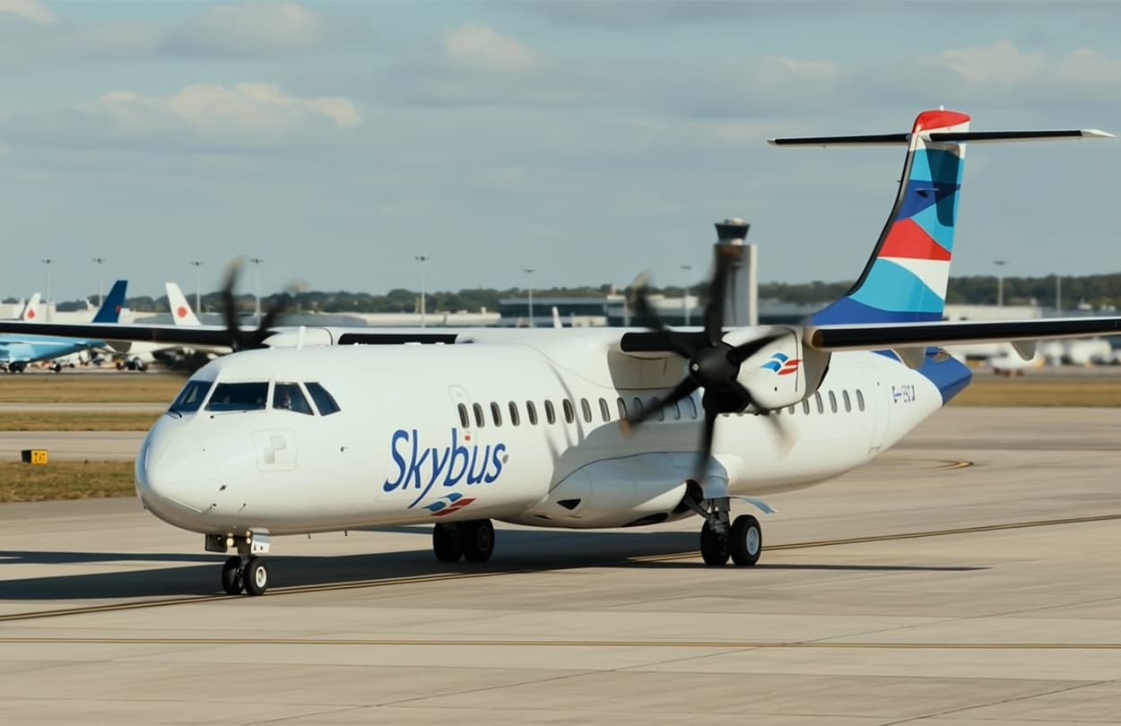 Skybus ATR 72 aircraft on the airfield at an airport