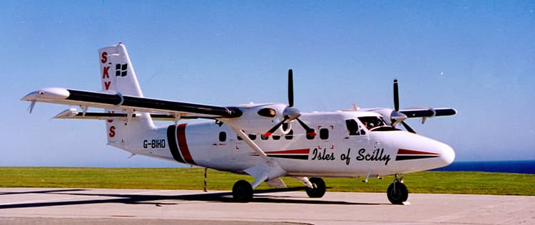 Skybus DHC-6 Twin otter in old livery on the airfield at St Mary's Airport