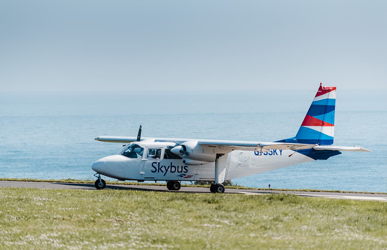 Skybus Islander aircraft on the runway at St Mary's Airport