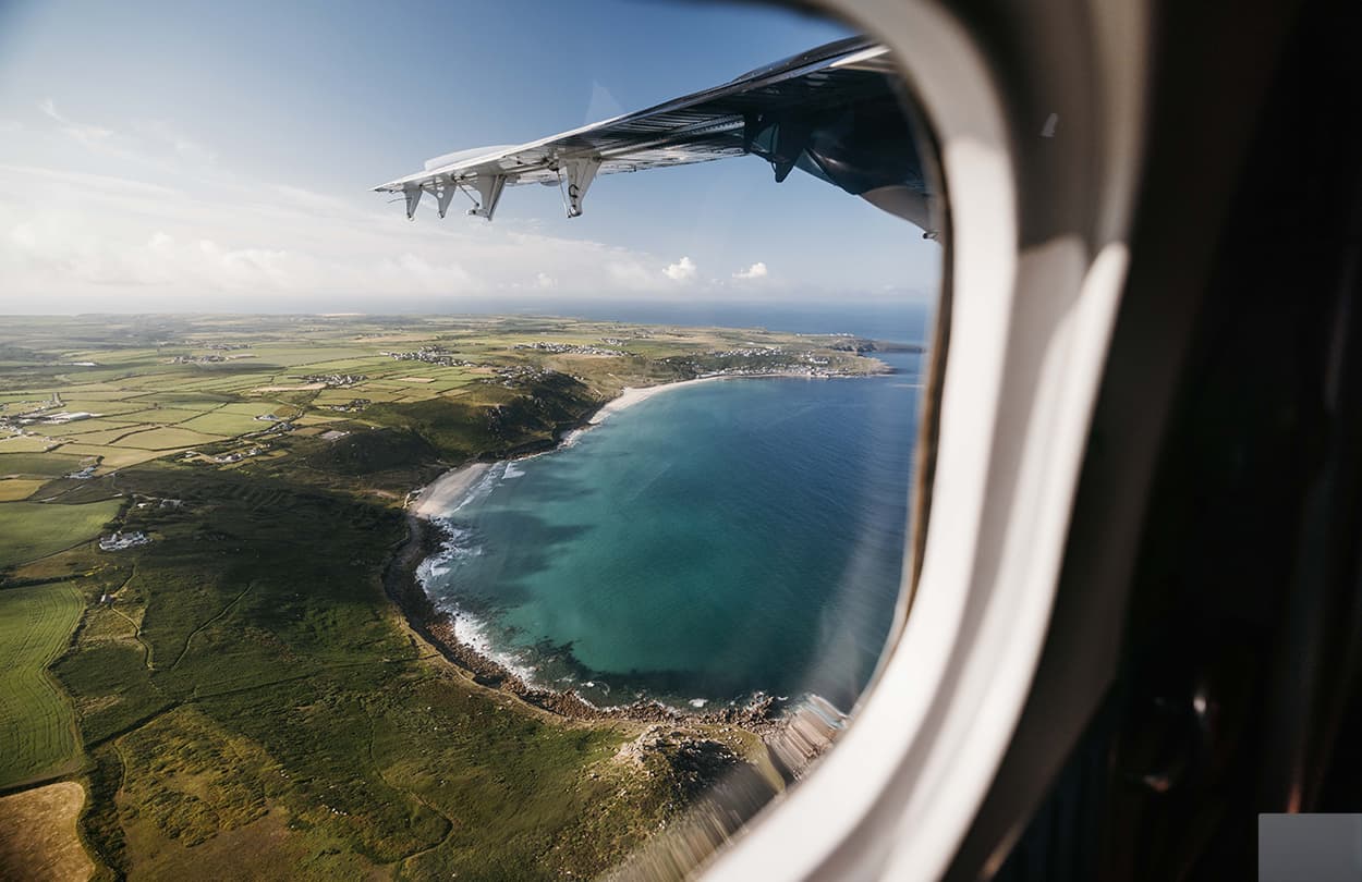 view of the west cornwall coastline from a twin otter aircraft