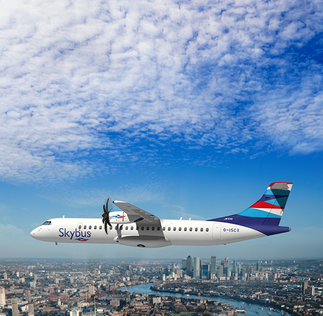 Computer generated image of a Skybus branded ATR aircraft flying over London.
