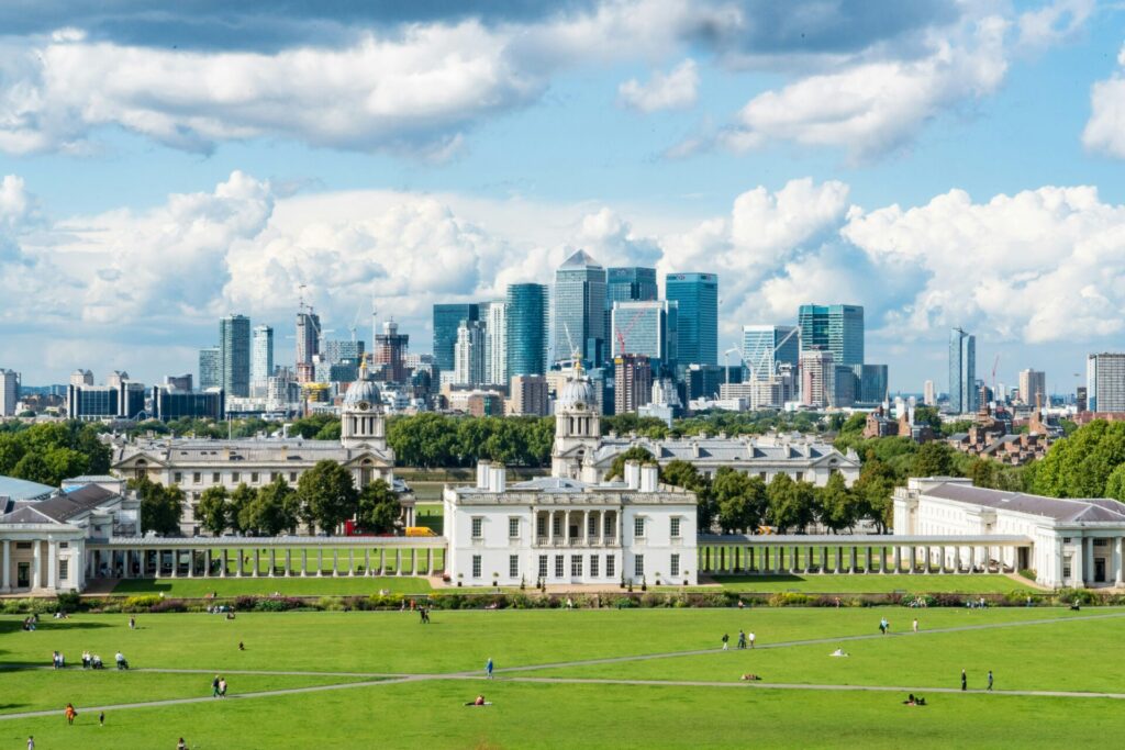Canary wharf skyline in the background with Greenwich